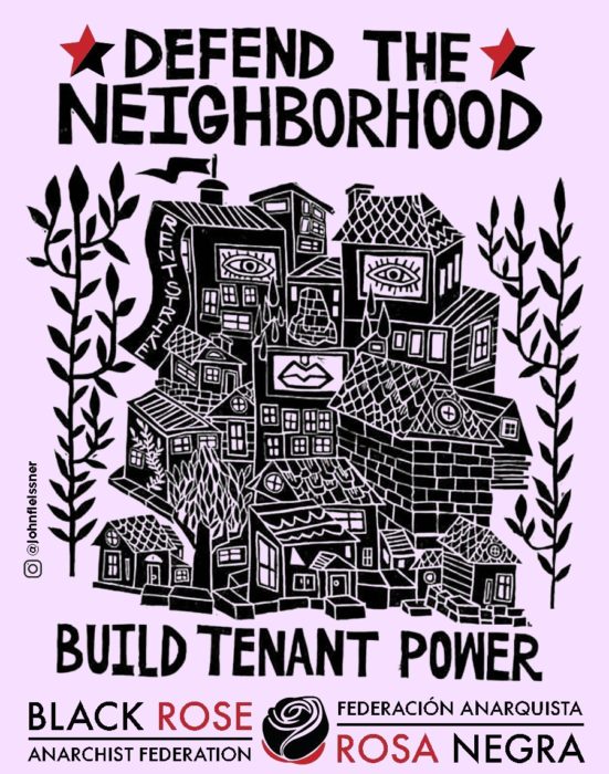 Wood cut image of neighborhood with slogans "defend the neighborhood, build tenant power"
